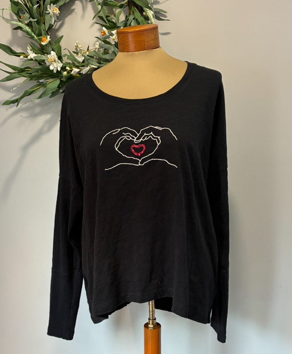 Cabi Love You Tee Black Long Sleeve Embroidered Heart Hands Top Love, Size L